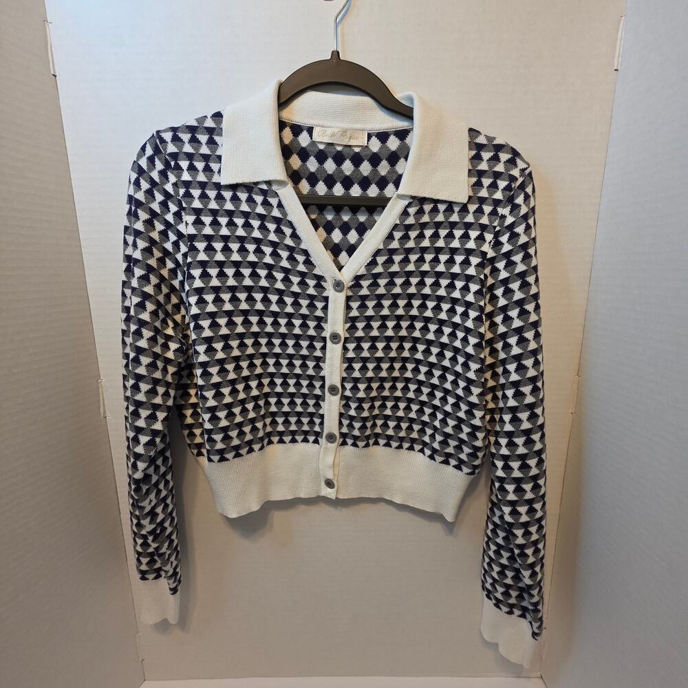 Belle Poque Cropped Button Down Knit Cardigan Argyle white polo collar size L